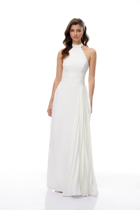 Jayla Maxi Dress White Halterneck Asymmetrical Pleated
