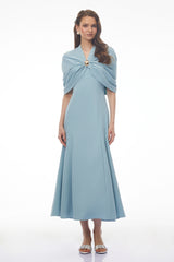 Lyla Blue Plunge Neck Midi Dress with Cape Sleeves