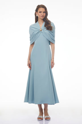 Lyla Blue Plunge Neck Midi Dress with Cape Sleeves
