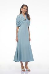 Lyla Blue Plunge Neck Midi Dress with Cape Sleeves