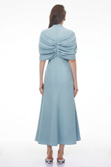 Lyla Blue Plunge Neck Midi Dress with Cape Sleeves