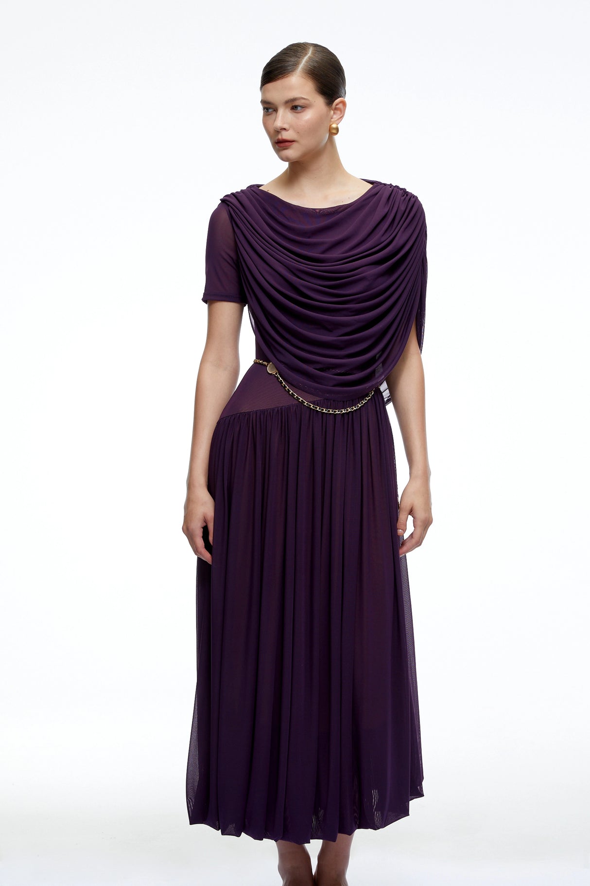Lysiane Purple Draped Cape Pleated Midi Dress