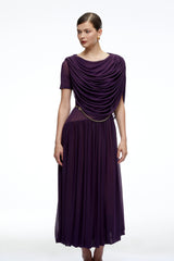 Lysiane Purple Draped Cape Pleated Midi Dress
