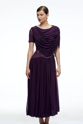 Lysiane Purple Draped Cape Pleated Midi Dress