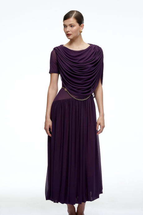 Marina Midi Dress Purple Draped Cape Pleated