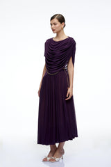 Lysiane Purple Draped Cape Pleated Midi Dress