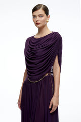 Lysiane Purple Draped Cape Pleated Midi Dress