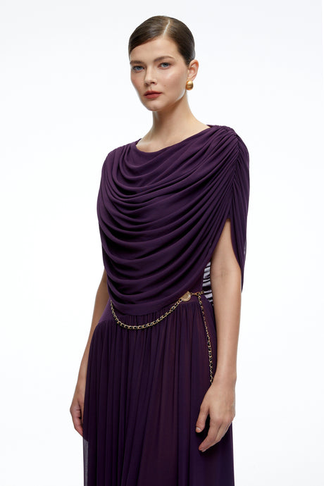 Marina Midi Dress Purple Draped Cape Pleated