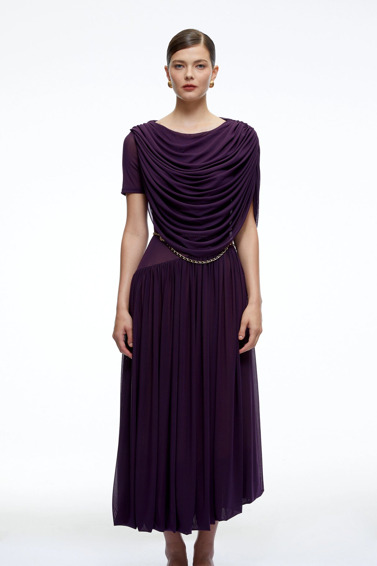 Lysiane Purple Draped Cape Pleated Midi Dress