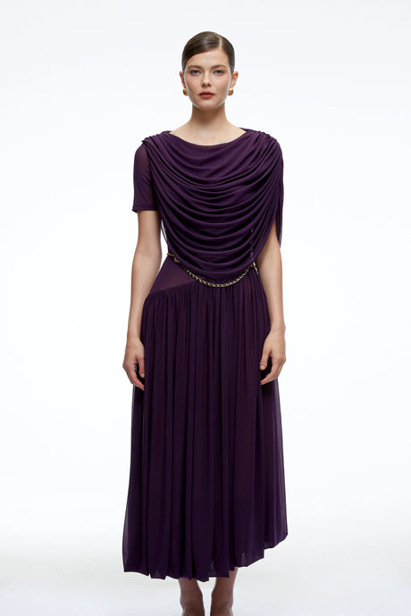 Marina Midi Dress Purple Draped Cape Pleated