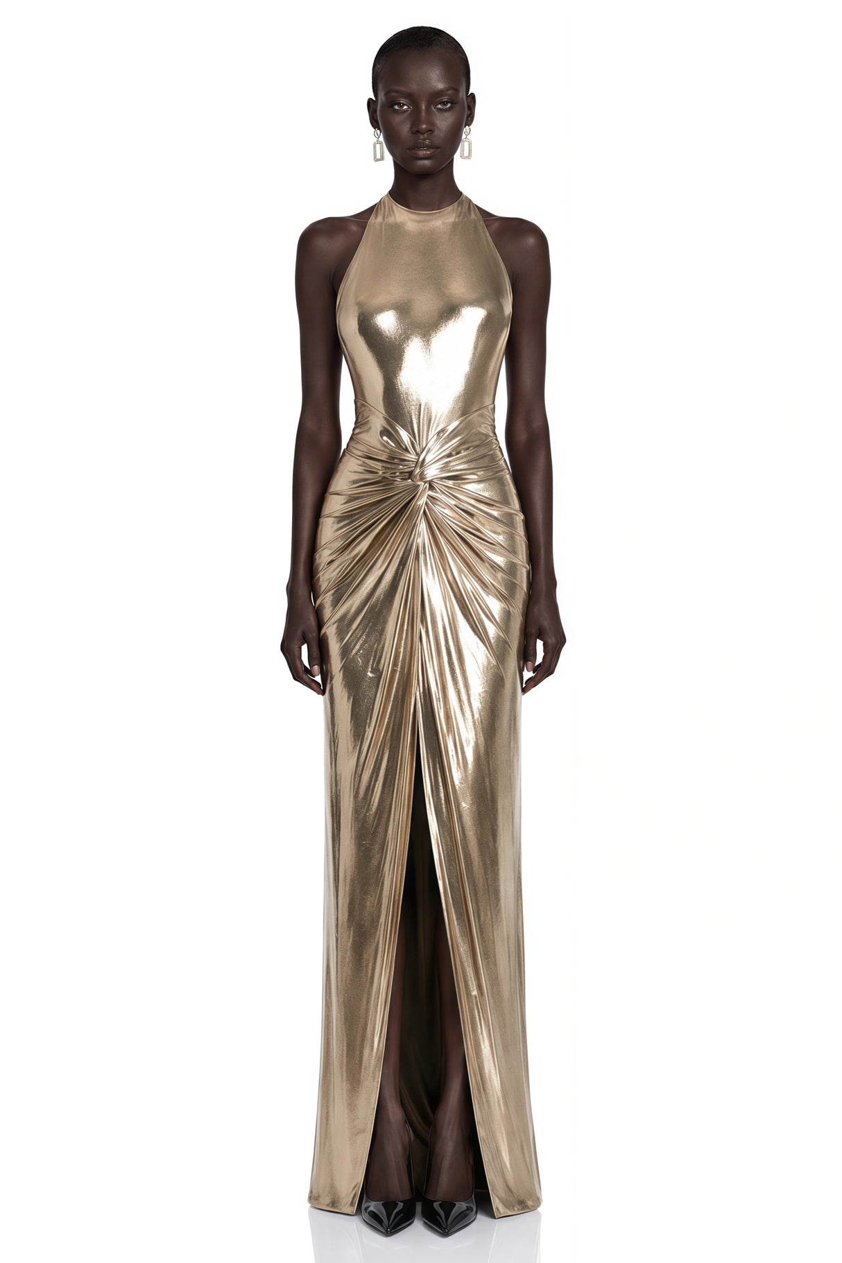 Lysithea Champagne Metallic Halterneck Maxi Dress with Slit