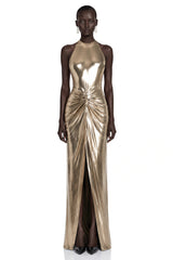 Lysithea Champagne Metallic Halterneck Maxi Dress with Slit