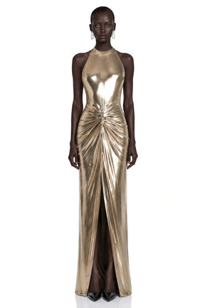 Lysithea Champagne Metallic Halterneck Maxi Dress with Slit