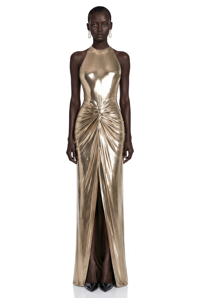 Lysithea Champagne Metallic Halterneck Maxi Dress with Slit