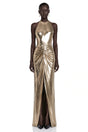 Lysithea Champagne Metallic Halterneck Maxi Dress with Slit