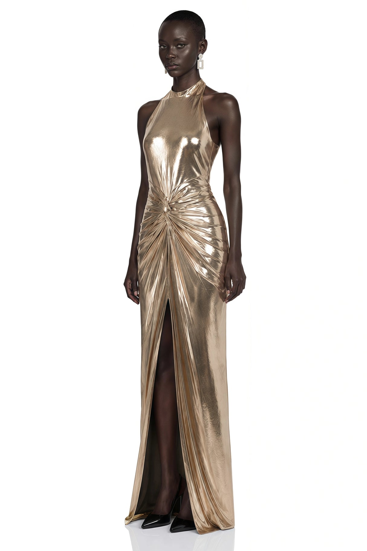 Lysithea Champagne Metallic Halterneck Maxi Dress with Slit