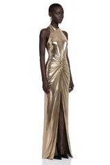 Lysithea Champagne Metallic Halterneck Maxi Dress with Slit