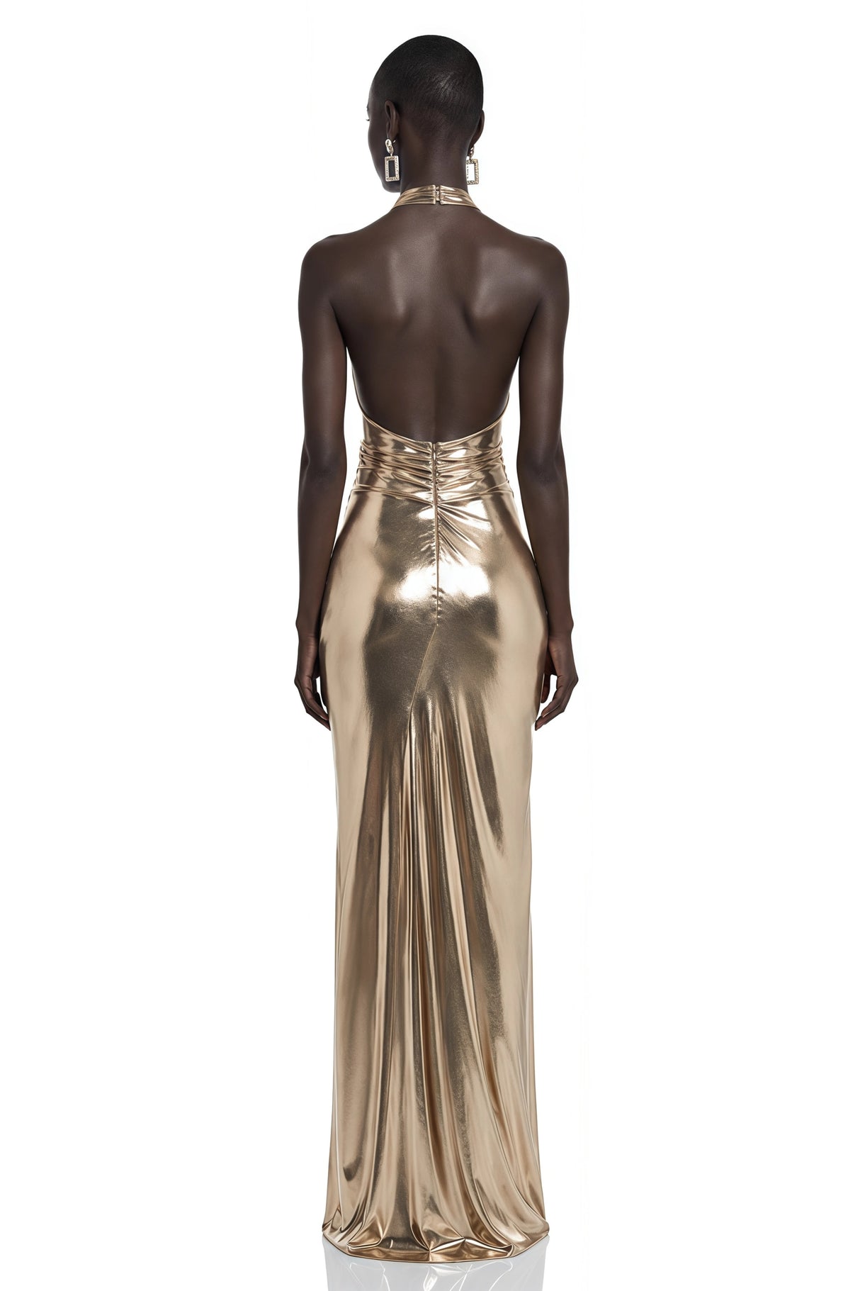 Lysithea Champagne Metallic Halterneck Maxi Dress with Slit
