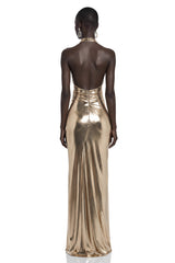 Lysithea Champagne Metallic Halterneck Maxi Dress with Slit