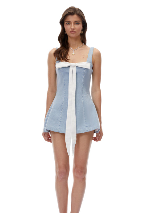 Hailey Mini Dress Blue Square Neck with Bow