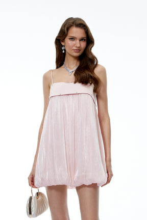 Mabel Blush Pink Ruched Puffball Mini Dress with Pearls