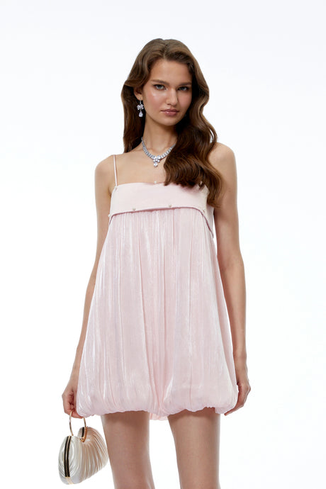 Liliana Mini Dress Blush Pink Ruched Puffball with Pearls