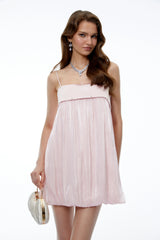 Mabel Blush Pink Ruched Puffball Mini Dress with Pearls