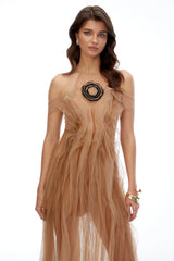 Mabel Champagne SemiSheer Ruffled Maxi Dress