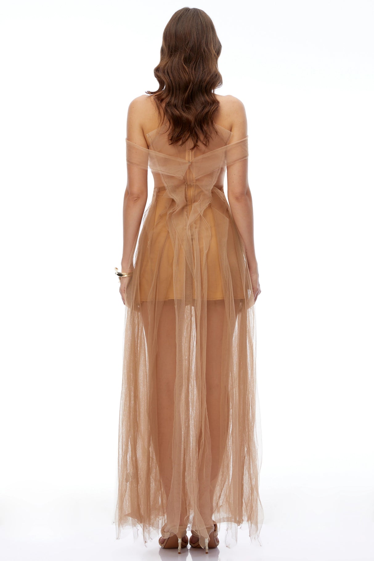 Mabel Champagne SemiSheer Ruffled Maxi Dress