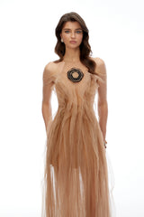 Mabel Champagne SemiSheer Ruffled Maxi Dress