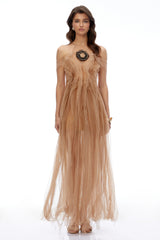 Mabel Champagne SemiSheer Ruffled Maxi Dress