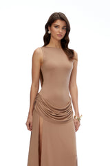 Mabel Khaki Open Back Ruched Slit Maxi Dress