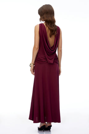 Mabel Red Open Back Ruched Slit Maxi Dress