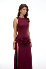 Mabel Red Open Back Ruched Slit Maxi Dress