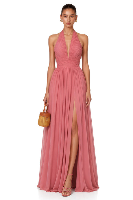 Alfreda Maxi Dress Pink Halterneck Ruched with Criss Cross Front