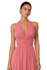 Macioci Pink Halterneck Ruched Maxi Dress with Criss Cross Front