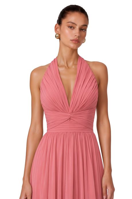 Alfreda Maxi Dress Pink Halterneck Ruched with Criss Cross Front