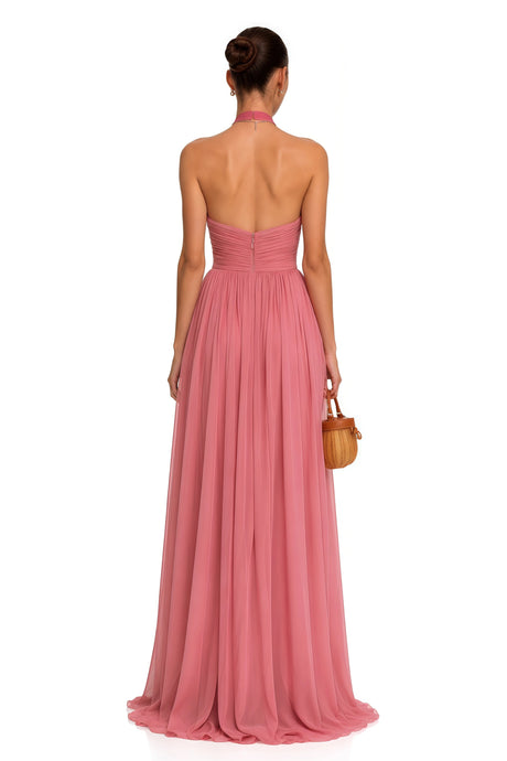 Alfreda Maxi Dress Pink Halterneck Ruched with Criss Cross Front