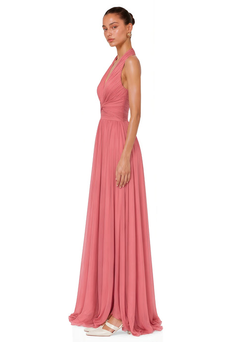 Alfreda Maxi Dress Pink Halterneck Ruched with Criss Cross Front