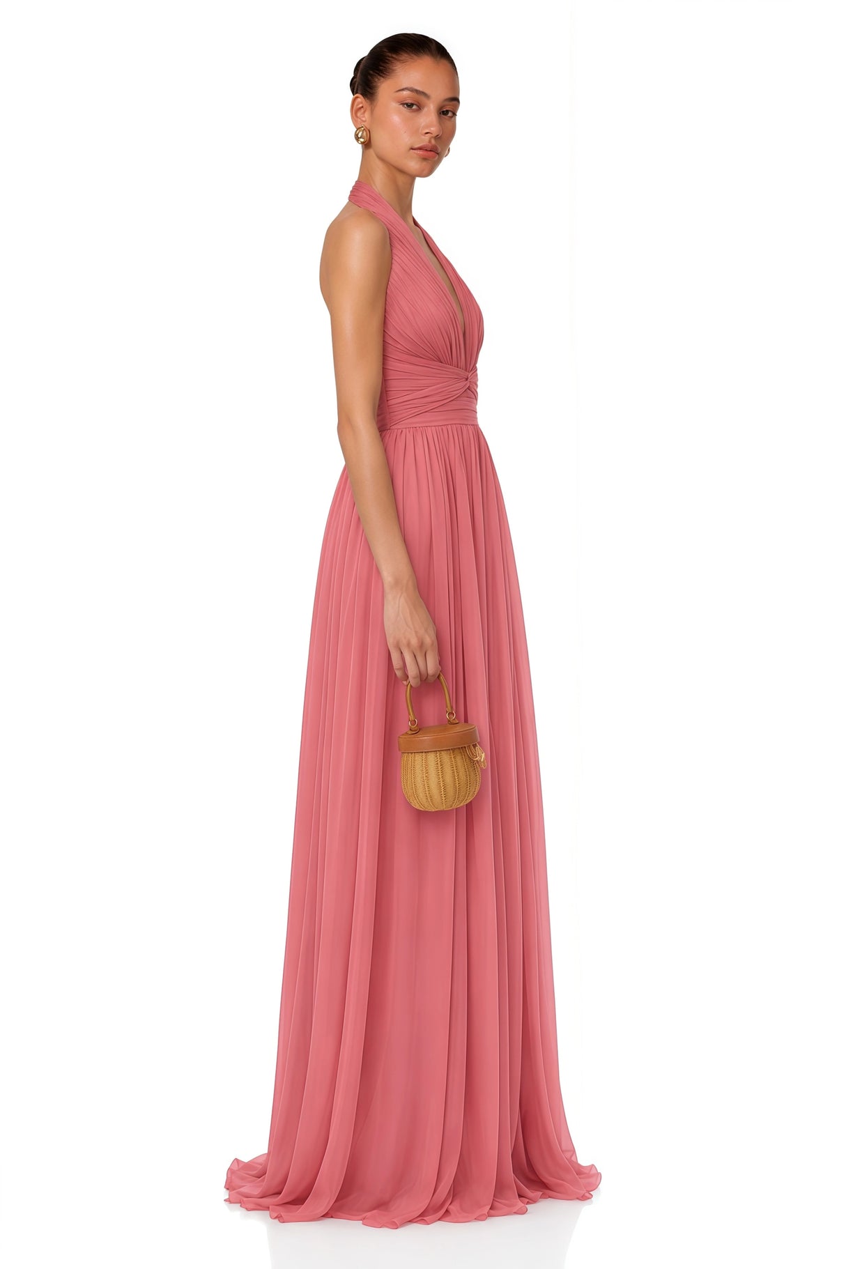 Macioci Pink Halterneck Ruched Maxi Dress with Criss Cross Front
