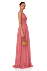 Macioci Pink Halterneck Ruched Maxi Dress with Criss Cross Front