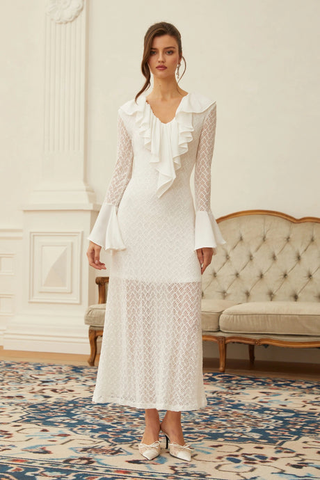 Liana Maxi Dress White Wavy Pattern Lace