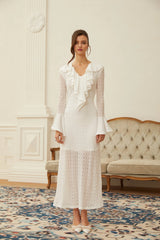 Mădălina White Wavy Pattern Lace Maxi Dress