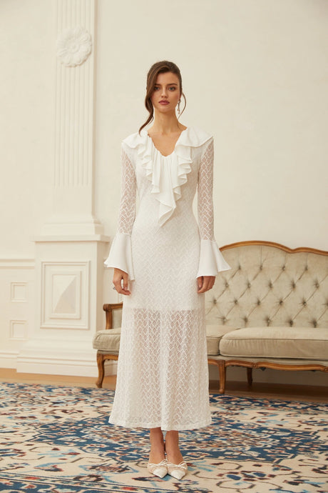 Liana Maxi Dress White Wavy Pattern Lace