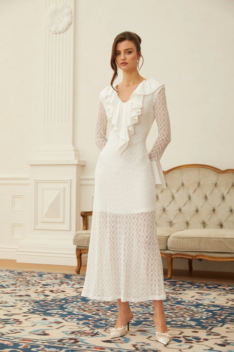 Liana Maxi Dress White Wavy Pattern Lace
