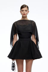 Madeleine Black SemiSheer Flared Mini Dress with Shawl