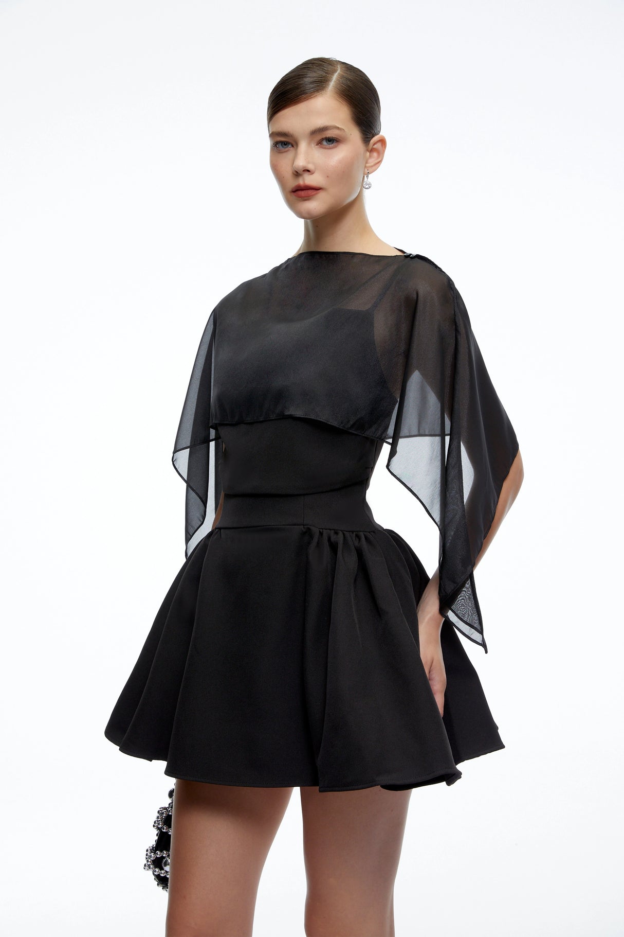 Madeleine Black SemiSheer Flared Mini Dress with Shawl