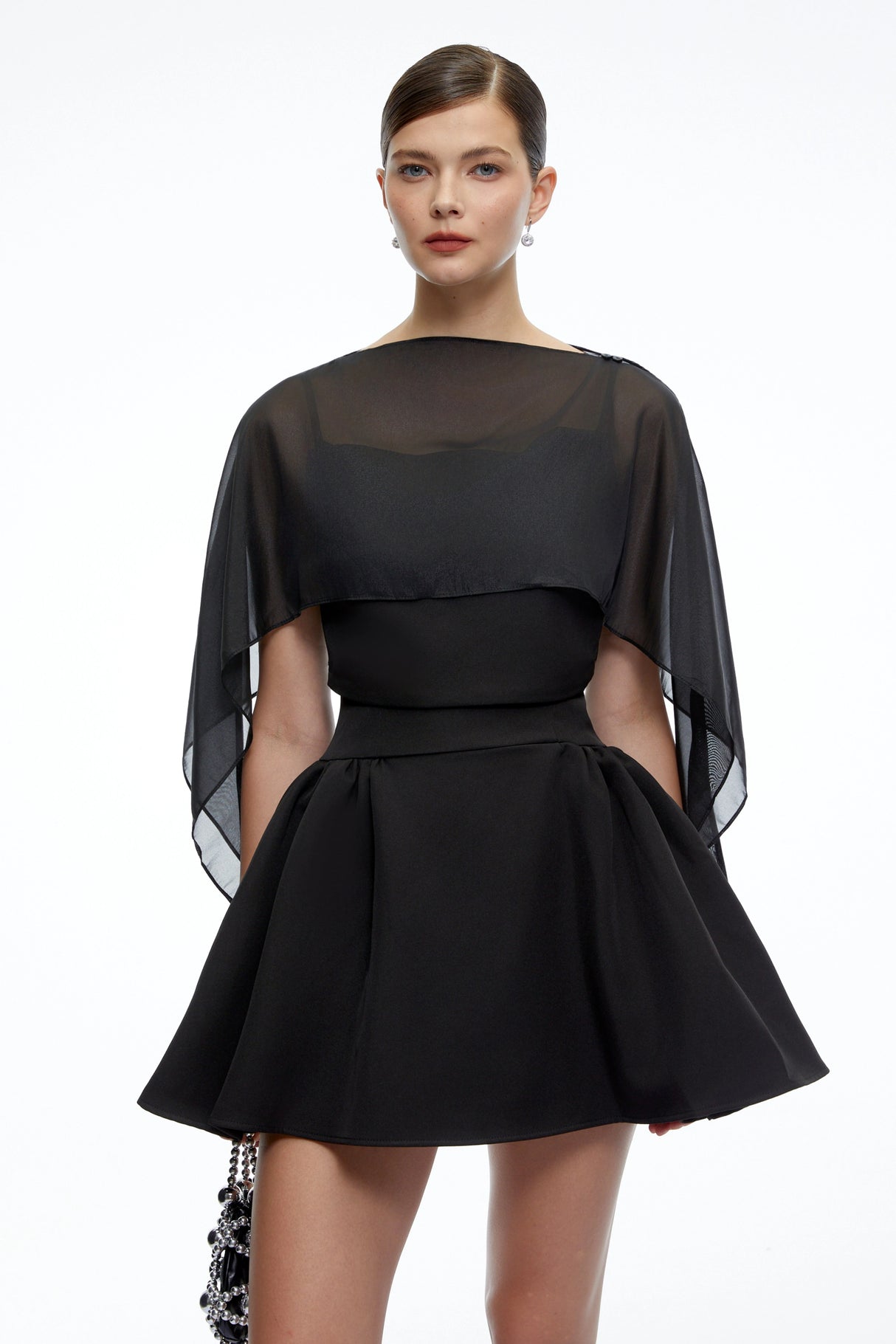 Madeleine Black SemiSheer Flared Mini Dress with Shawl