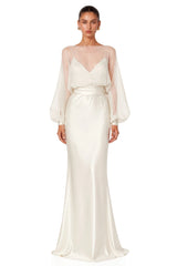 Madeleine Cream White Sheer Blouse  Satin Maxi Dress Set
