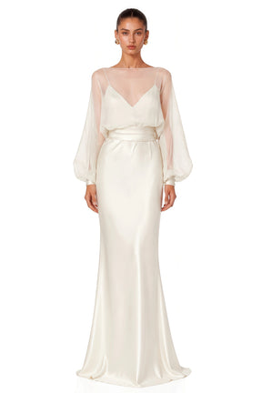 Madeleine Cream White Sheer Blouse  Satin Maxi Dress Set